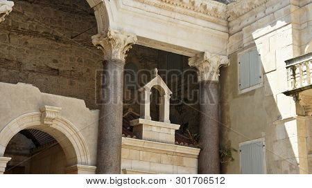 View Of The Part Of Peristyle Of Diocletians Palace In Old Town, Beautiful Architecture, Sunny Day, 
