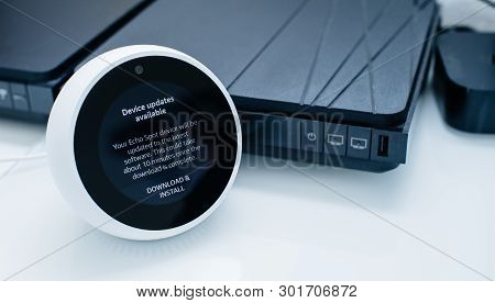 Paris, France - Apr 28, 2019: Installation Of New Amazon Echo With Personal Assistant Alexa With Lar