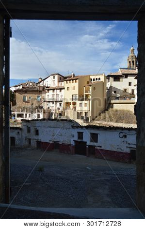 December 27, 2013. Picturesque Bullring Seen Through A Window In Rubielos De Mora, Teruel, Aragon, S