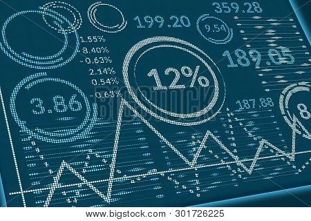 Business Data On Pixels Screen. Perspective View Of Computer Monitor Or Information Table With Graph
