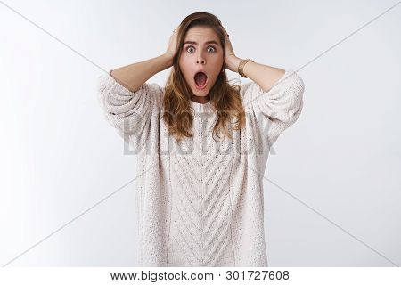 Studio Shot Stunned Speechless Shocked Woman Drop Jaw Gasping Shook Grab Head Stupified Realising Le