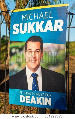 Melbourne, Australia - May 18, 2019: Liberal Party Posters At The Polling Place At Mallauna College 