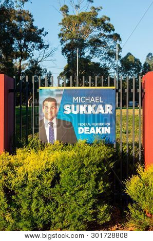 Melbourne, Australia - May 18, 2019: Liberal Party Posters At The Polling Place At Mallauna College 