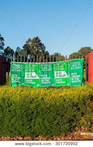 Melbourne, Australia - May 18, 2019: Australian Greens Party Banner In The Electorate Of Deakin In E