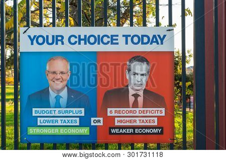 Melbourne, Australia - May 18, 2019: Liberal Party Posters At The Polling Place At Mallauna College 