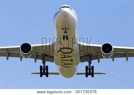 Borispol, Ukraine - May 18, 2019: A7-aeg Qatar Airways Airbus A330-300 Aircraft On The Blue Sky Back