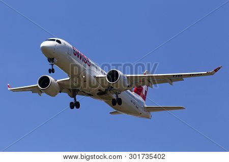 Borispol, Ukraine - May 18, 2019: Hb-jcd Swiss International Airlines Bombardier Bd-500 Cseries Cs30