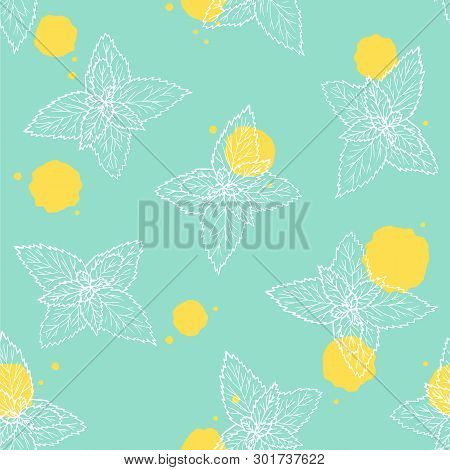 Seamless Pattern With Leaves Mint. Green Background With Yellow Spots. Hand Drawn White Line Plant.