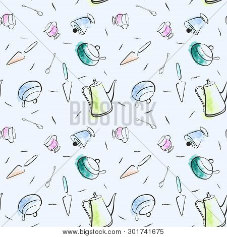 Seamless Pattern Tea Set Vintage .on A Blue Background. Graphic Drawing, Silhouette, Watercolor Colo