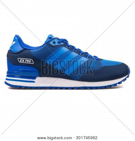 Vienna, Austria - August 10, 2017: Adidas Zx 750 Wv Blue Sneaker On White Background.