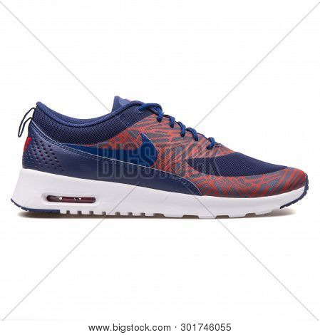 Vienna, Austria - August 10, 2017: Nike Air Max Thea Print Blue, Red And White Sneaker On White Back