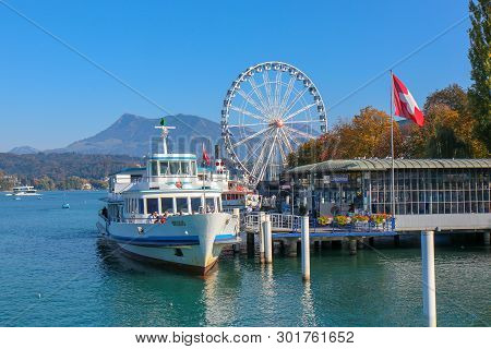 Luzern, Switzerland - Oct 14, 2018 : Chom View Pier On Lake Lucerne, Beautiful Aerial View Lake Luce