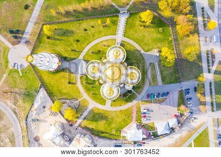 Brest, Belarus - April 18, 2019: Holy Resurrection Cathedral Surrounded By Green Spaces, Aerial Land