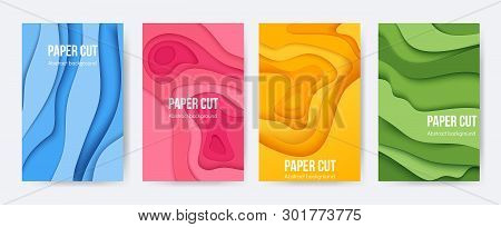 Paper Cut Posters. 3d Background With Abstract Layer Forms, Minimal Origami Flyers, Liquid Paper Sha