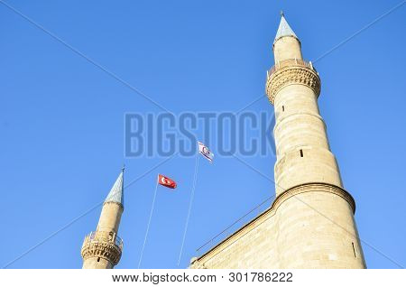 Amazing Building Of Famous Selimiye Mosque In Cypriot Lefkosa Taken From Below With Blue Sky. Origin