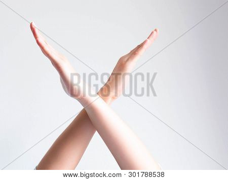 Hands Signs Meaning Of Wrong Or Mistake By Raising Two Arms Crossing Together On White Background.