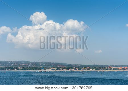 Bali, Indonesia - February 25, 2019: Outside Benoa Port. Wide Shot Of Tanjung Benoa Beach And Buildi