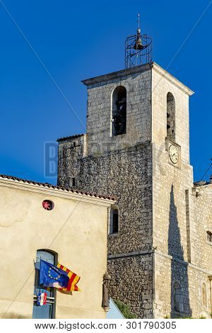 View On Traditional And Medieval Houses And Church Tower In Provence In Sunny Day, South Of France, 