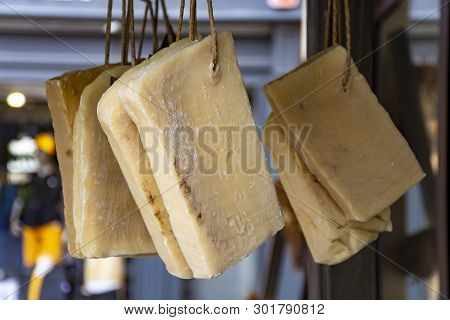 Hand Made From Natural Ingredients And Oils Soap Cutted From Blocks Hanging In Shop, Provence, South