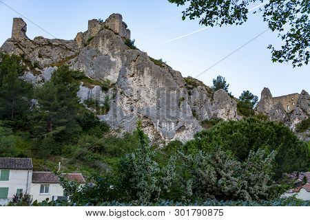 View On Medieval Houses And Castle Ruines In Provence, South Of France, Vacation And Tourist Destina