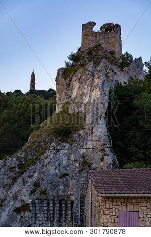 View On Medieval Houses And Castle Ruines In Provence, South Of France, Vacation And Tourist Destina