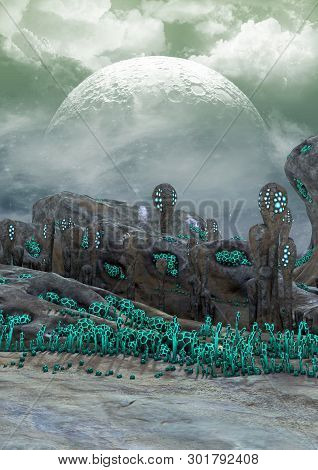 A Fantasy Scene Of A Desert Alien Land, With Weird Vegetation. 3d Illustration.