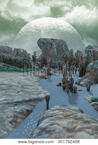 A Fantasy Scene Of A Desert Alien Land, With Weird Vegetation. 3d Illustration.