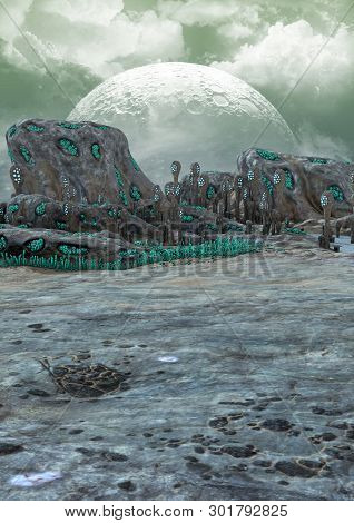 A Fantasy Scene Of A Desert Alien Land, With Weird Vegetation. 3d Illustration.