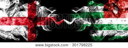 English Vs Abkhazia, Abkhazian Smoky Mystic Flags Placed Side By Side. Thick Colored Silky Smokes Fl