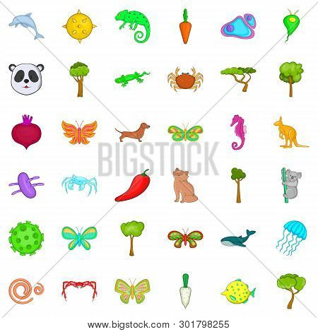 Biologically Icons Set. Cartoon Set Of 36 Biologically Icons For Web Isolated On White Background