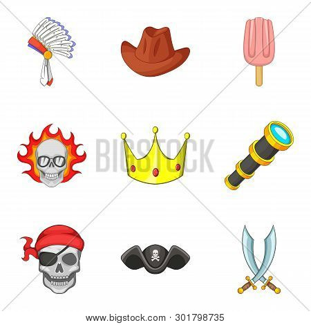 Pretense Icons Set. Cartoon Set Of 9 Pretense Icons For Web Isolated On White Background