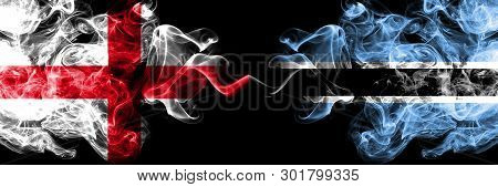 English Vs Botswana, Botswanan Smoky Mystic Flags Placed Side By Side. Thick Colored Silky Smokes Fl