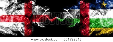English Vs Central African Republic Smoky Mystic Flags Placed Side By Side. Thick Colored Silky Smok
