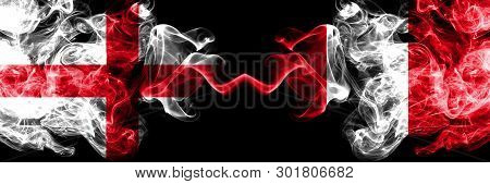 English Vs Peru, Peruan Smoky Mystic Flags Placed Side By Side. Thick Colored Silky Smokes Flag Of E