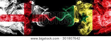 English Vs Senegal, Senegalese Smoky Mystic Flags Placed Side By Side. Thick Colored Silky Smokes Fl