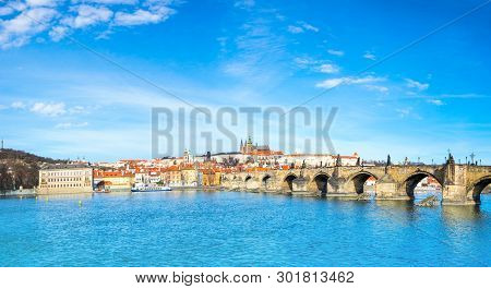 Charles Bridge, St. Vitus Cathedral And Other Historical Buildings In Prague, Panorama From The Oppo