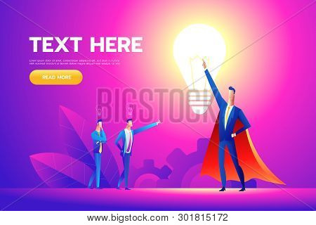 Office Hero Admired By Colleagues For Courage, Ideal Manager In Superhero Cloak Boasting. Vector Fla