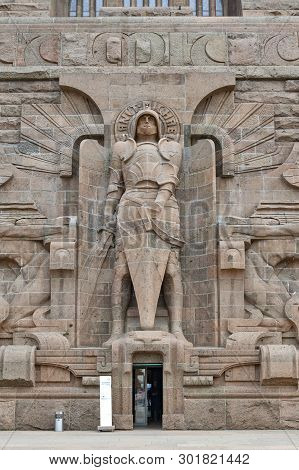 Leipzig, Germany - October 2018:  Statue Of Archangel Michael At The Entrance To The Monument To The