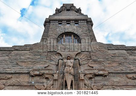 Leipzig, Germany - October 2018:  Statue Of Archangel Michael At The Entrance To The Monument To The