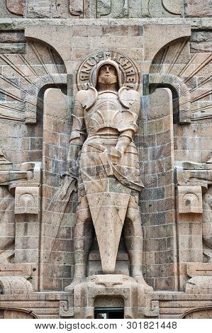Leipzig, Germany - October 2018:  Statue Of Archangel Michael At The Entrance To The Monument To The
