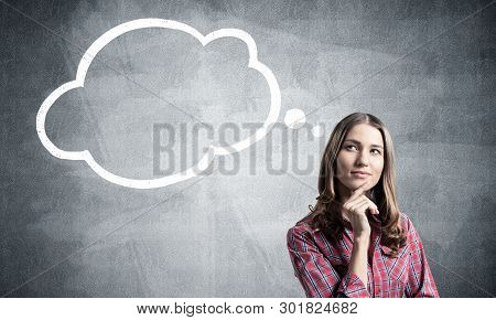 Brown Haired Woman Looks Pensive Upwards And Tries To Remember Something. Blank Speech Bubble Illust