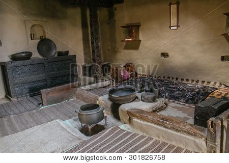 Gilgit Baltistan, Pakistan. October 7, 2015 : A Dark Room Inside Ancient Baltit Fort Display Antique