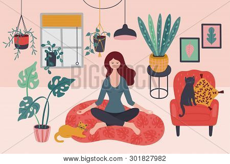Cute Young Woman Meditating At Home With Green Plants. Childish Print