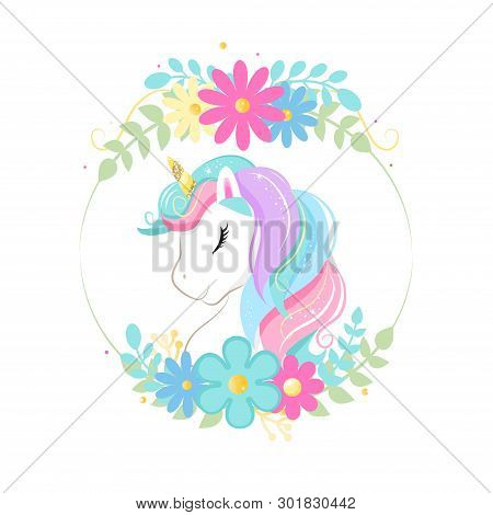 Cute Magic Cartoon Unicorn Head With Frame Of Flowers. Illustration For Children