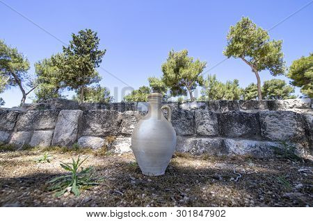 Antique Amphoras In The Ancient City Of Zipori. Israel. Tourism And Travel
