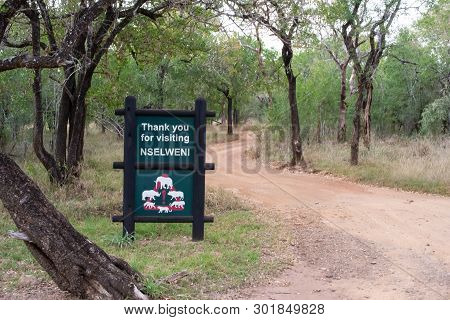 Hluhluwe, South Africa - May 14 2019: Entry Sign To The Unfenced Nselweni Bush Camp Warning Of Dange