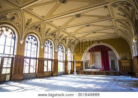 Tskaltubo, Georgia - April 27, 2019: Detail Of The Abandoned Soviet Sanatorium Meshakhte In Tskaltub