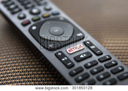 Belgrade, Serbia - May 9, 2019: Close Up Netflix Remote Control. Netflix Is An American Media-servic