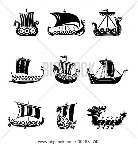 Viking Ship Boat Drakkar Icons Set. Simple Illustration Of 9 Viking Ship Boat Drakkar Icons For Web