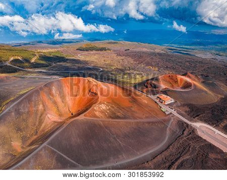 Mountain Volcano Etna Sicily, Italy. Panoramic Aerial Photo.